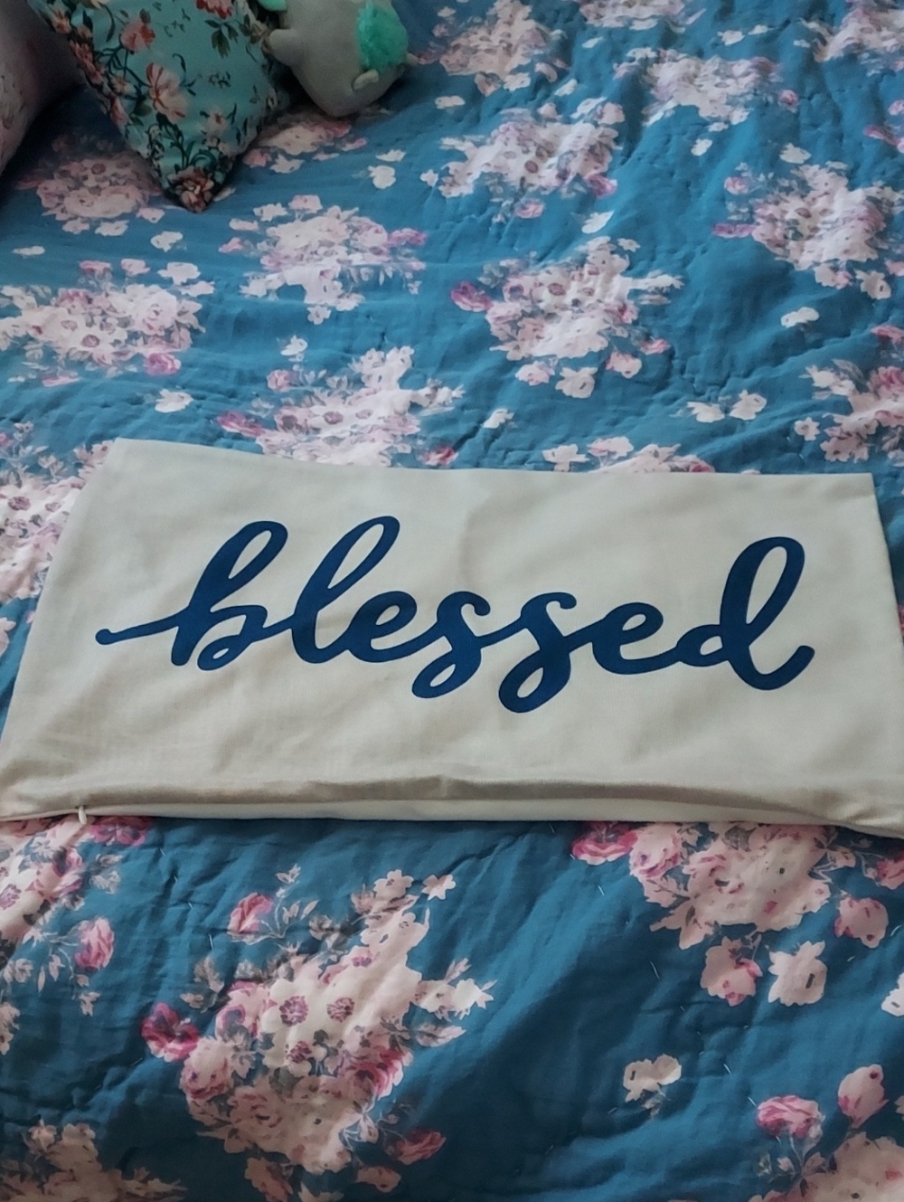 Blessed Script Pillow Cover in Blue on Cream